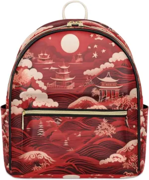 TropicalLife Japanese Art Mountain Backpack Purse for Women PU Leather Lightweight Ladies Shoulder Fashion Satchel Bags Travel Casual Daypack