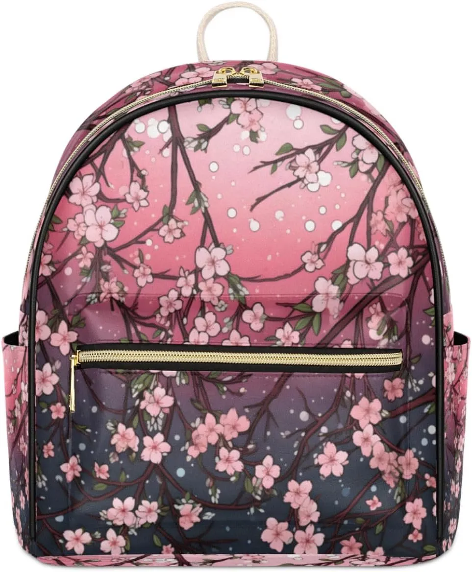TropicalLife Japanese Cherry Blossom Backpack Purse for Women PU Leather Lightweight Ladies Shoulder Fashion Satchel Bags Travel Casual Daypack