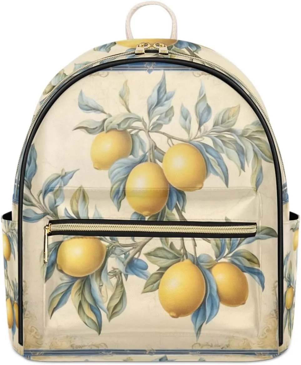 TropicalLife Lemon Leaves Fruits Backpack Purse for Women PU Leather Lightweight Ladies Shoulder Fashion Satchel Bags Travel Casual Daypack