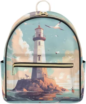 TropicalLife Lighthouse Backpack Purse for Women PU Leather Lightweight Ladies Shoulder Fashion Satchel Bags Travel Casual Daypack Ocean Seagull Lighthouse