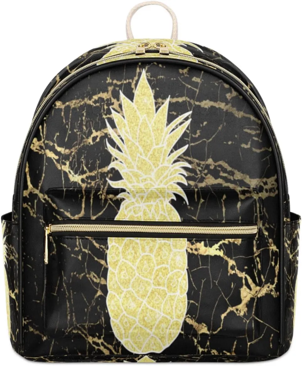 TropicalLife Marble Backpack Purse for Women PU Leather Lightweight Ladies Shoulder Fashion Satchel Bags Travel Casual Daypack Marble Golden Pineapple