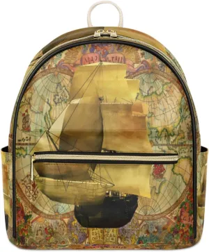 TropicalLife Nautical Ship Backpack Purse for Women PU Leather Lightweight Ladies Shoulder Fashion Satchel Bags Travel Casual Daypack World Map