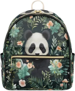 TropicalLife Panda Flower Backpack Purse for Women PU Leather Lightweight Ladies Shoulder Fashion Satchel Bags Travel Casual Daypack