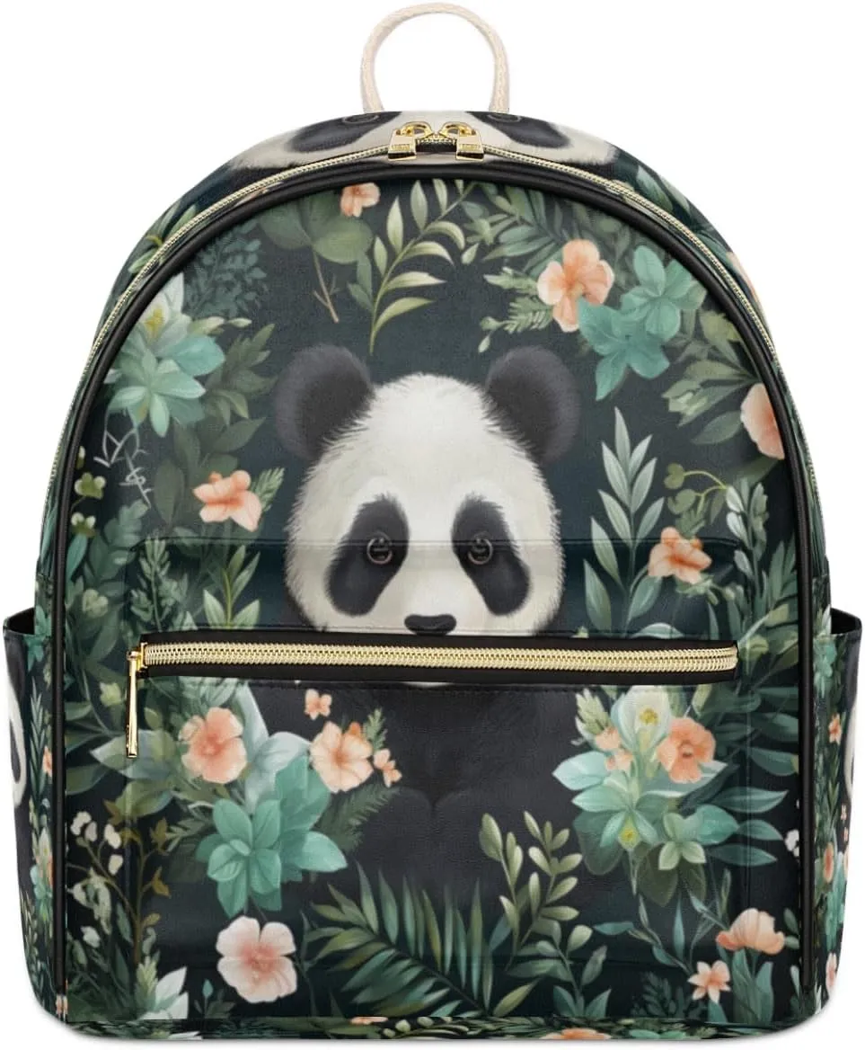 TropicalLife Panda Flower Backpack Purse for Women PU Leather Lightweight Ladies Shoulder Fashion Satchel Bags Travel Casual Daypack
