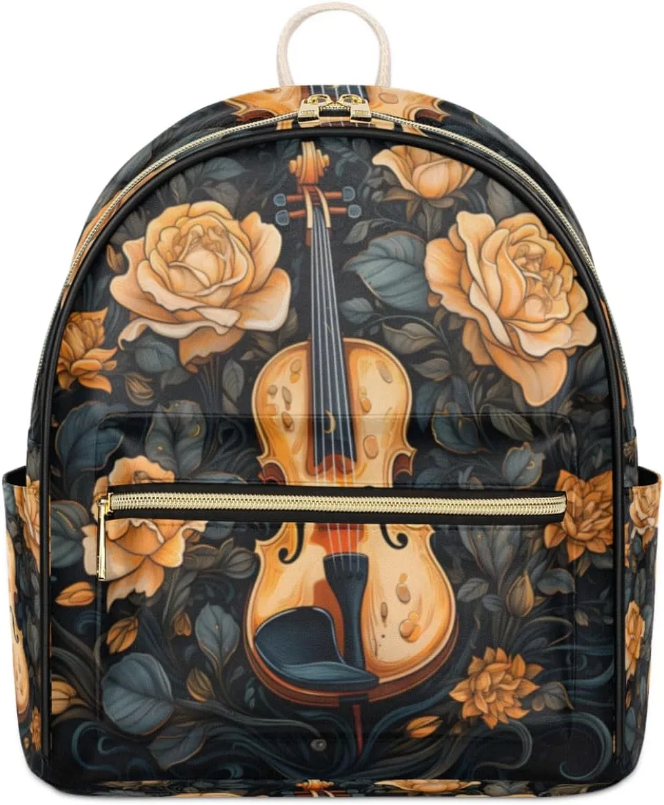 TropicalLife Violin Floral Backpack Purse for Women PU Leather Lightweight Ladies Shoulder Fashion Satchel Bags Travel Casual Daypack