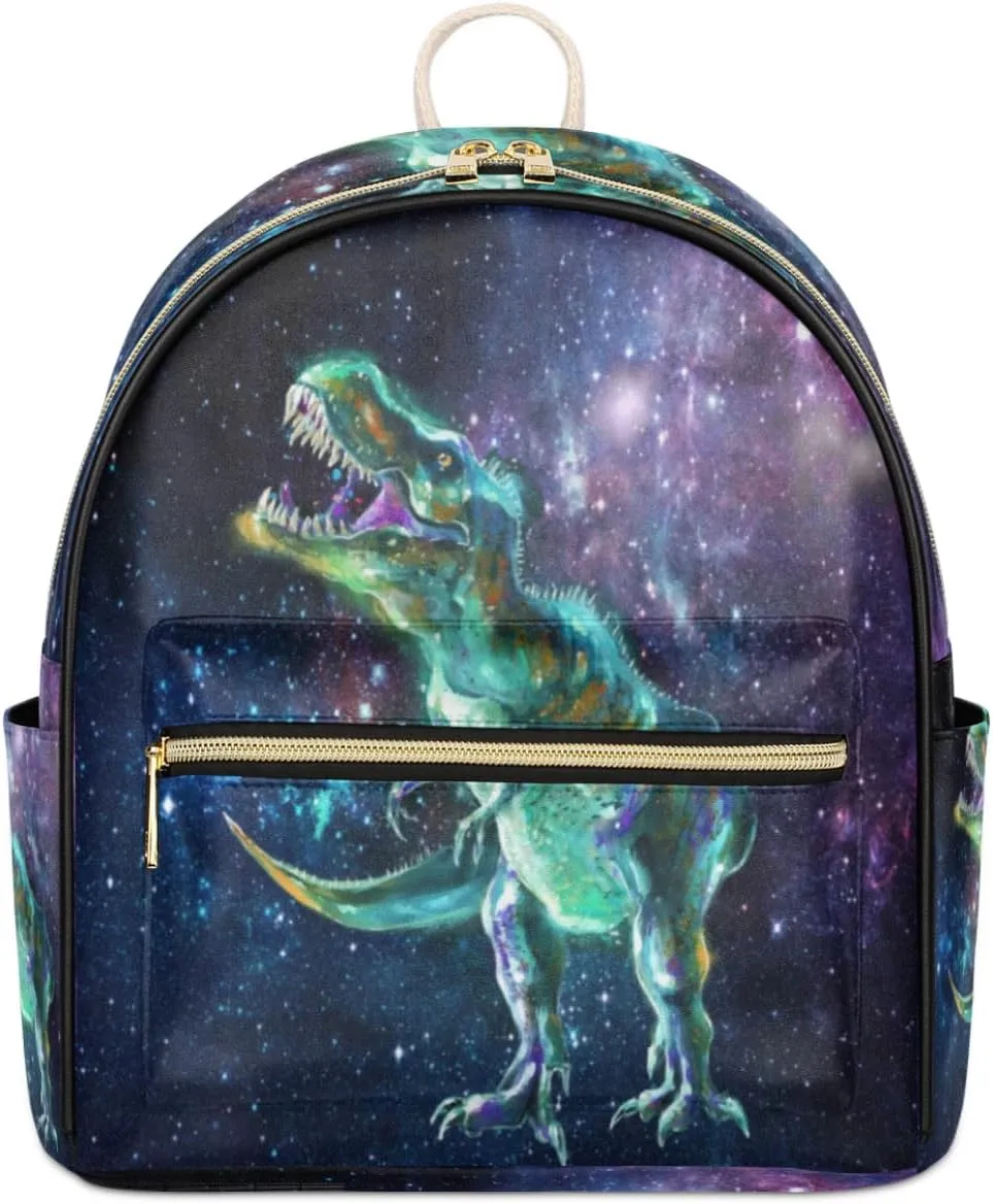 TropicalLife Watercolor Dinosaur Backpack Purse for Women PU Leather Lightweight Ladies Shoulder Fashion Satchel Bags Travel Casual Daypack Galaxy Space Dinosaur