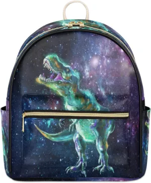 TropicalLife Watercolor Dinosaur Backpack Purse for Women PU Leather Lightweight Ladies Shoulder Fashion Satchel Bags Travel Casual Daypack Galaxy Space Dinosaur
