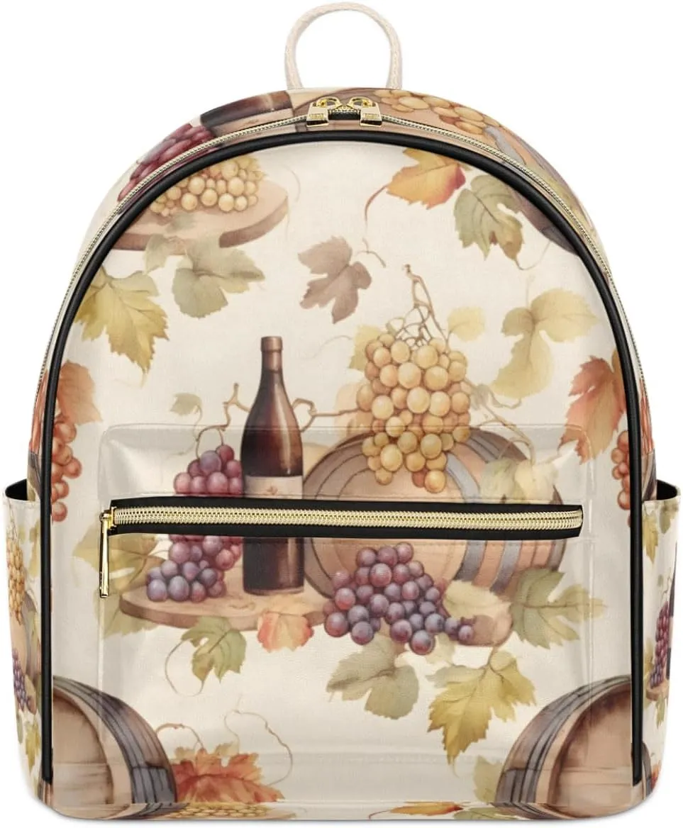 TropicalLife Wine and Grape Theme Backpack Purse for Women PU Leather Lightweight Ladies Shoulder Fashion Satchel Bags Travel Casual Daypack