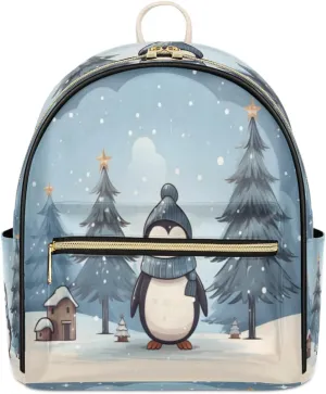 TropicalLife Winter Penguin Backpack Purse for Women PU Leather Lightweight Ladies Shoulder Fashion Satchel Bags Travel Casual Daypack