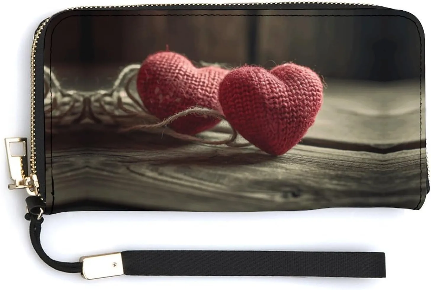 Two Crocheted Hearts Wallet Leather Zipper Around Clutch Wallet Large Capacity Purse with Wristlet Strap
