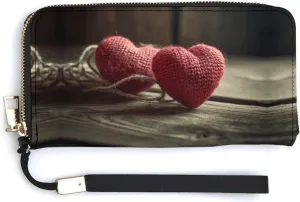 Two Crocheted Hearts Wallet Leather Zipper Around Clutch Wallet Large Capacity Purse with Wristlet Strap