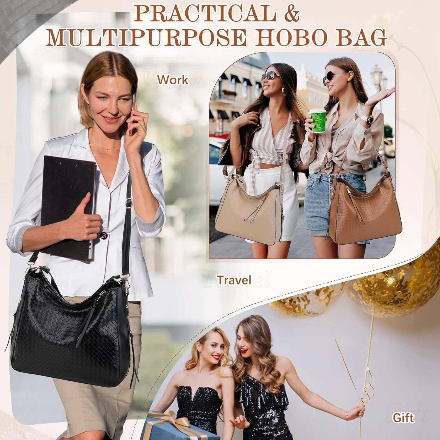 VX VONXURY Hobo Bags for Women, Faux Leather Tote Purse Ladies Handbag Medium Shoulder Bags with Side Pockets for Work Travel
