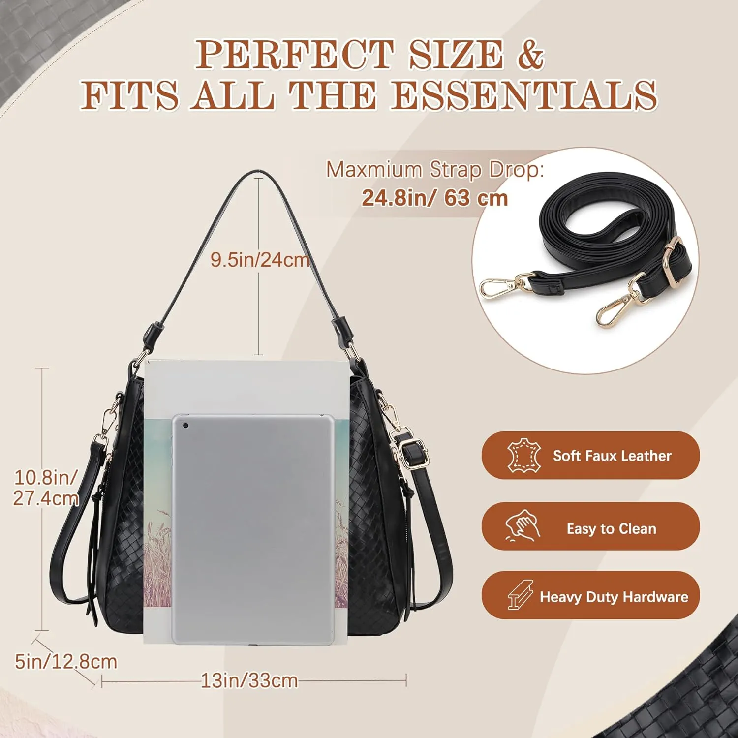 VX VONXURY Hobo Bags for Women, Faux Leather Tote Purse Ladies Handbag Medium Shoulder Bags with Side Pockets for Work Travel
