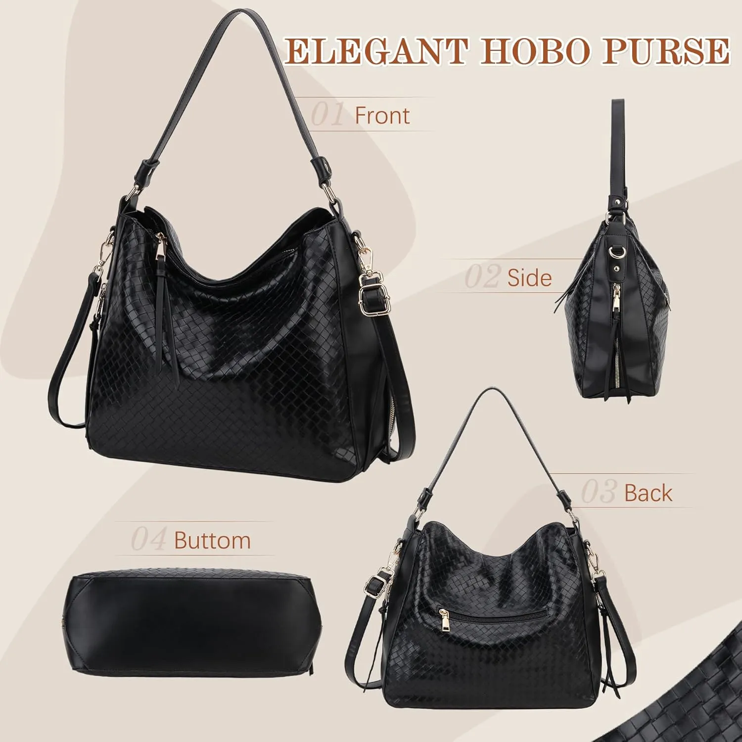 VX VONXURY Hobo Bags for Women, Faux Leather Tote Purse Ladies Handbag Medium Shoulder Bags with Side Pockets for Work Travel