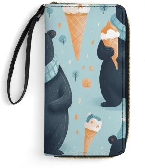 Winter Bear Ice Cream Wallet Leather Zipper Around Clutch Wallet Large Capacity Purse with Wristlet Strap