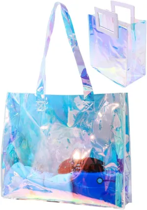 Woeoe Large Iridescent Tote Bags Foldable Clear Tote Bag Waterproof Sandproof Beach Totes for Shopping Work Travel(Set of 2)