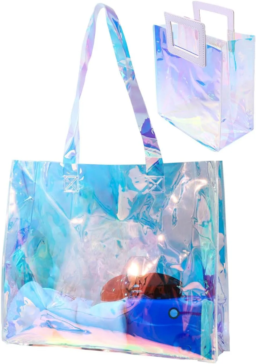 Woeoe Large Iridescent Tote Bags Foldable Clear Tote Bag Waterproof Sandproof Beach Totes for Shopping Work Travel(Set of 2)