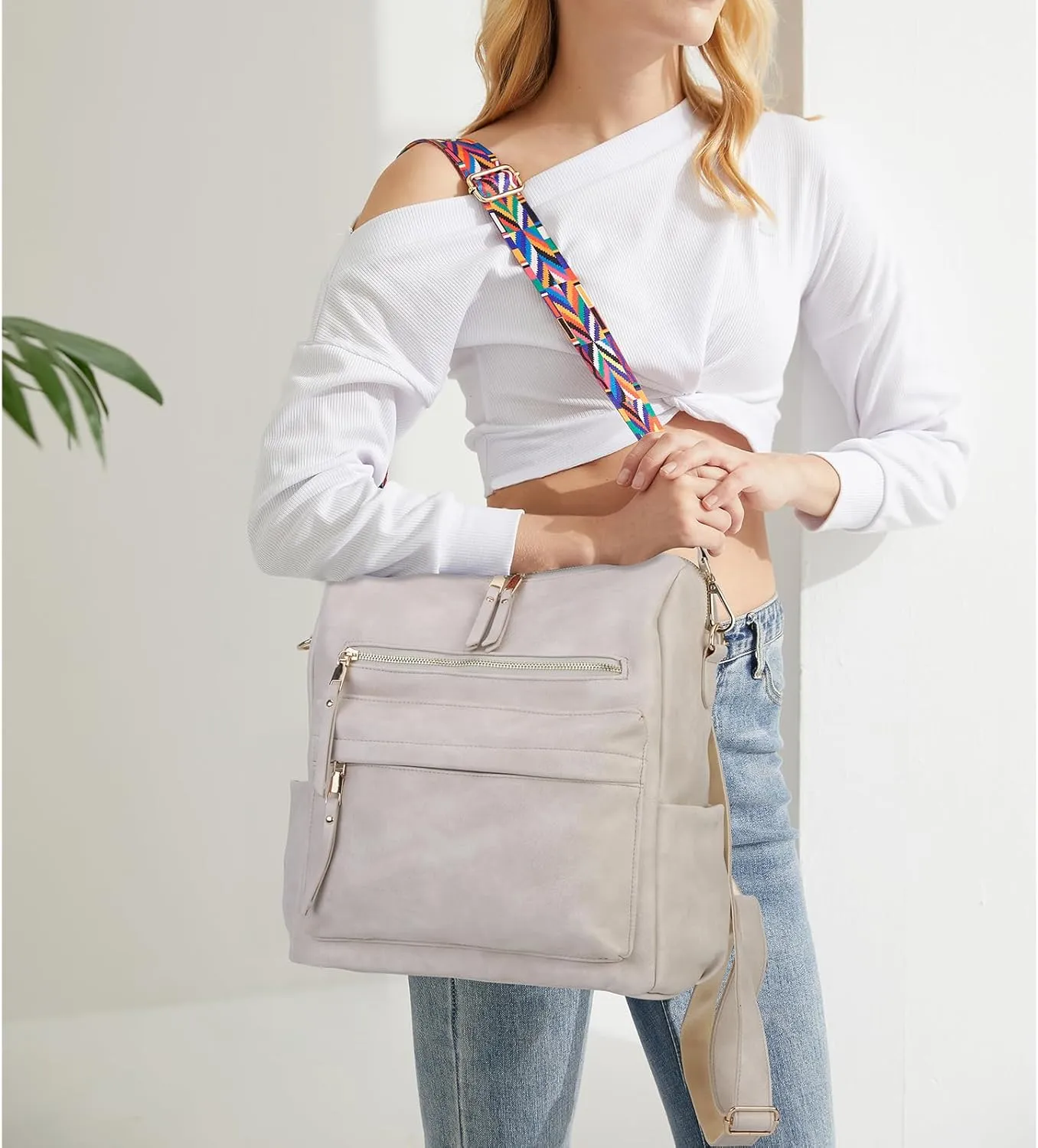 Women Backpack Purse Vintage Rucksack Convertible Shoulder Bag Travel Daypack, 2 Pack OffWhite