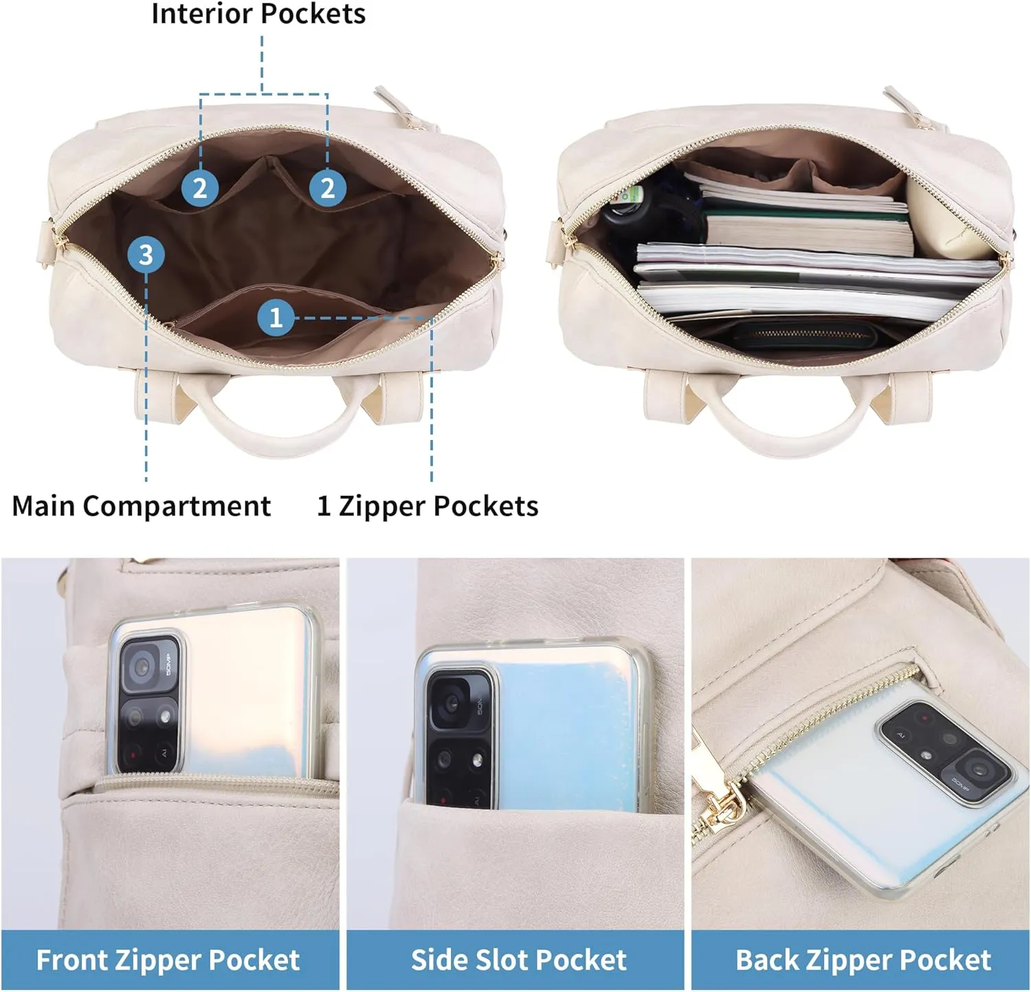 Women Backpack Purse Vintage Rucksack Convertible Shoulder Bag Travel Daypack, 2 Pack OffWhite