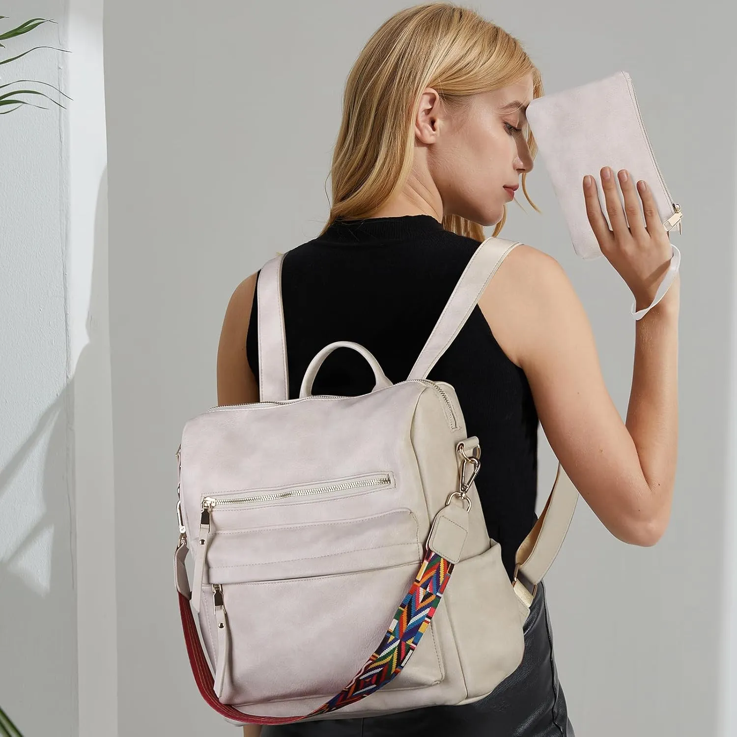 Women Backpack Purse Vintage Rucksack Convertible Shoulder Bag Travel Daypack, 2 Pack OffWhite