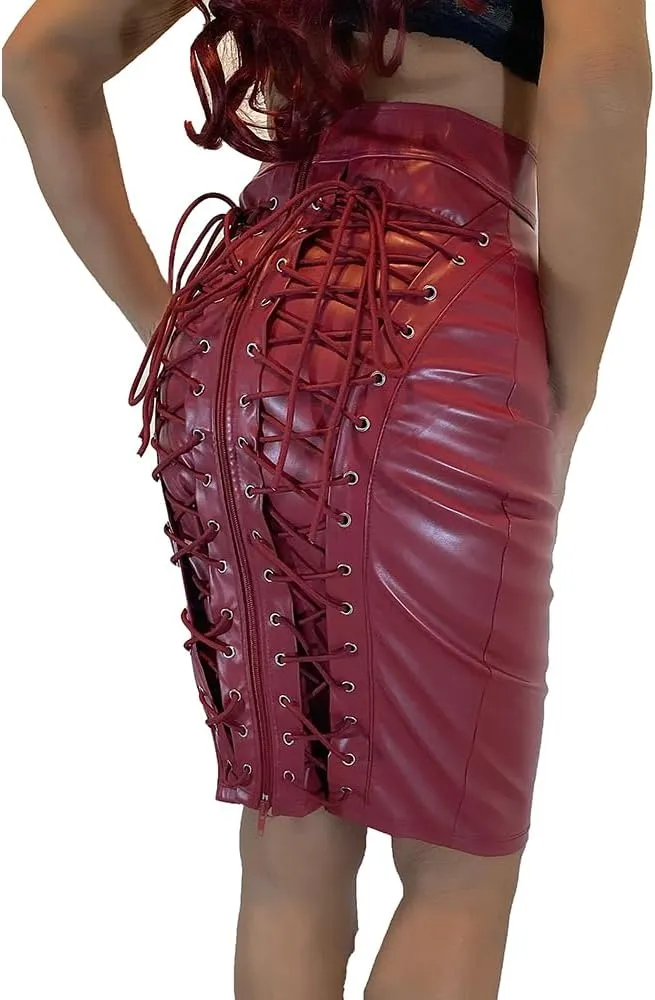 Women Leather Pencil Skirt Lace Up with Zipper Bodycon Skirt High Waist Midi Package Hip Skirt