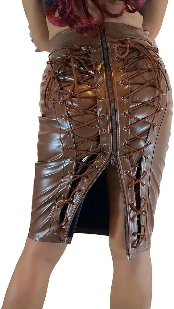 Women Leather Pencil Skirt Lace Up with Zipper Bodycon Skirt High Waist Midi Package Hip Skirt