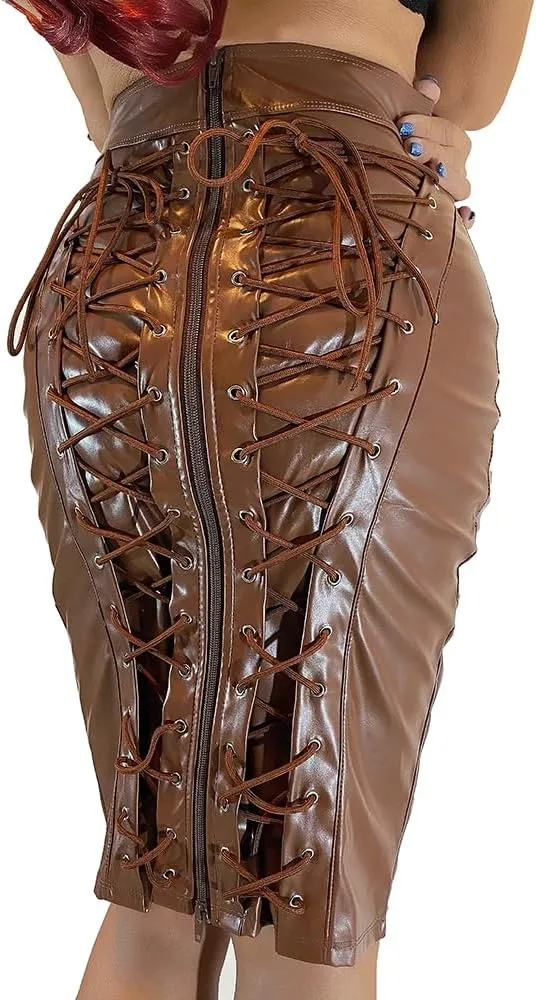 Women Leather Pencil Skirt Lace Up with Zipper Bodycon Skirt High Waist Midi Package Hip Skirt