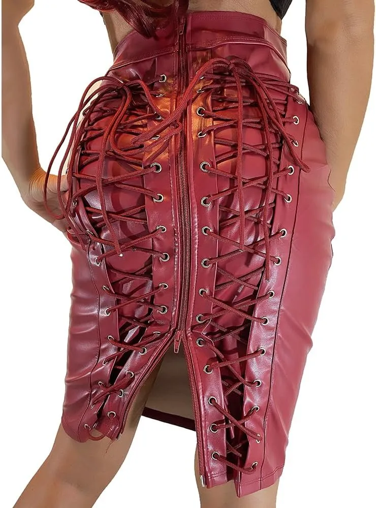 Women Leather Pencil Skirt Lace Up with Zipper Bodycon Skirt High Waist Midi Package Hip Skirt