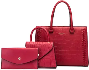 Women Leather Satchel Handbag 3PCS Set Crocodile Pattern Top Handle Purse Ladies Leather Tote Crossbody Bag (Black)