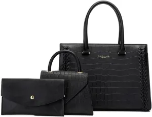 Women Leather Satchel Handbag 3PCS Set Crocodile Pattern Top Handle Purse Ladies Leather Tote Crossbody Bag (Black)