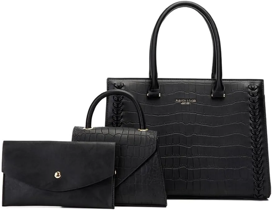 Women Leather Satchel Handbag 3PCS Set Crocodile Pattern Top Handle Purse Ladies Leather Tote Crossbody Bag (Black)