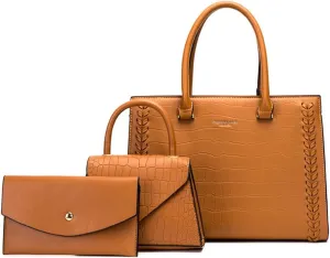 Women Leather Satchel Handbag 3PCS Set Crocodile Pattern Top Handle Purse Ladies Leather Tote Crossbody Bag (Black)