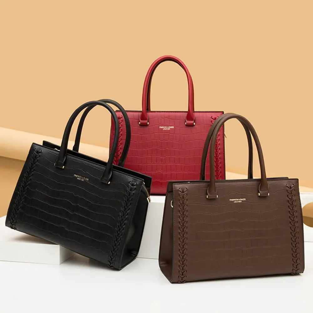 Women Leather Satchel Handbag 3PCS Set Crocodile Pattern Top Handle Purse Ladies Leather Tote Crossbody Bag (Black)