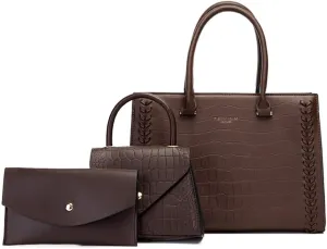 Women Leather Satchel Handbag 3PCS Set Crocodile Pattern Top Handle Purse Ladies Leather Tote Crossbody Bag (Black)