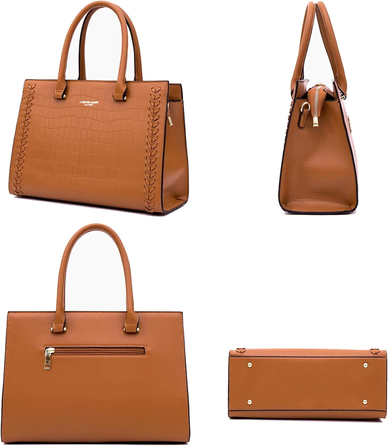 Women Leather Satchel Handbag 3PCS Set Crocodile Pattern Top Handle Purse Ladies Leather Tote Crossbody Bag (Black)