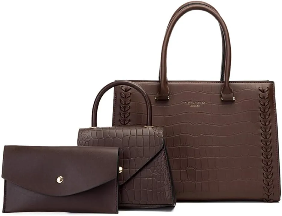 Women Leather Satchel Handbag 3PCS Set Crocodile Pattern Top Handle Purse Ladies Leather Tote Crossbody Bag (Black)