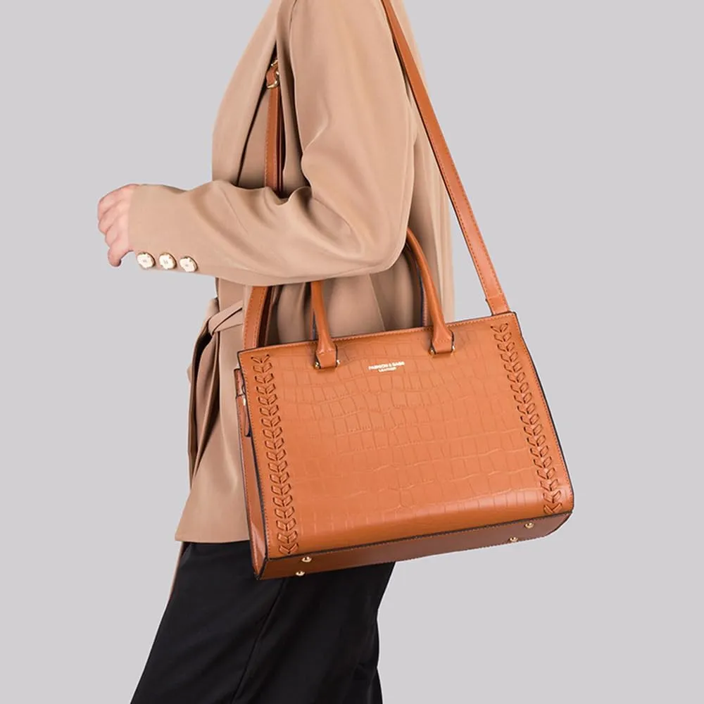 Women Leather Satchel Handbag 3PCS Set Crocodile Pattern Top Handle Purse Ladies Leather Tote Crossbody Bag (Black)