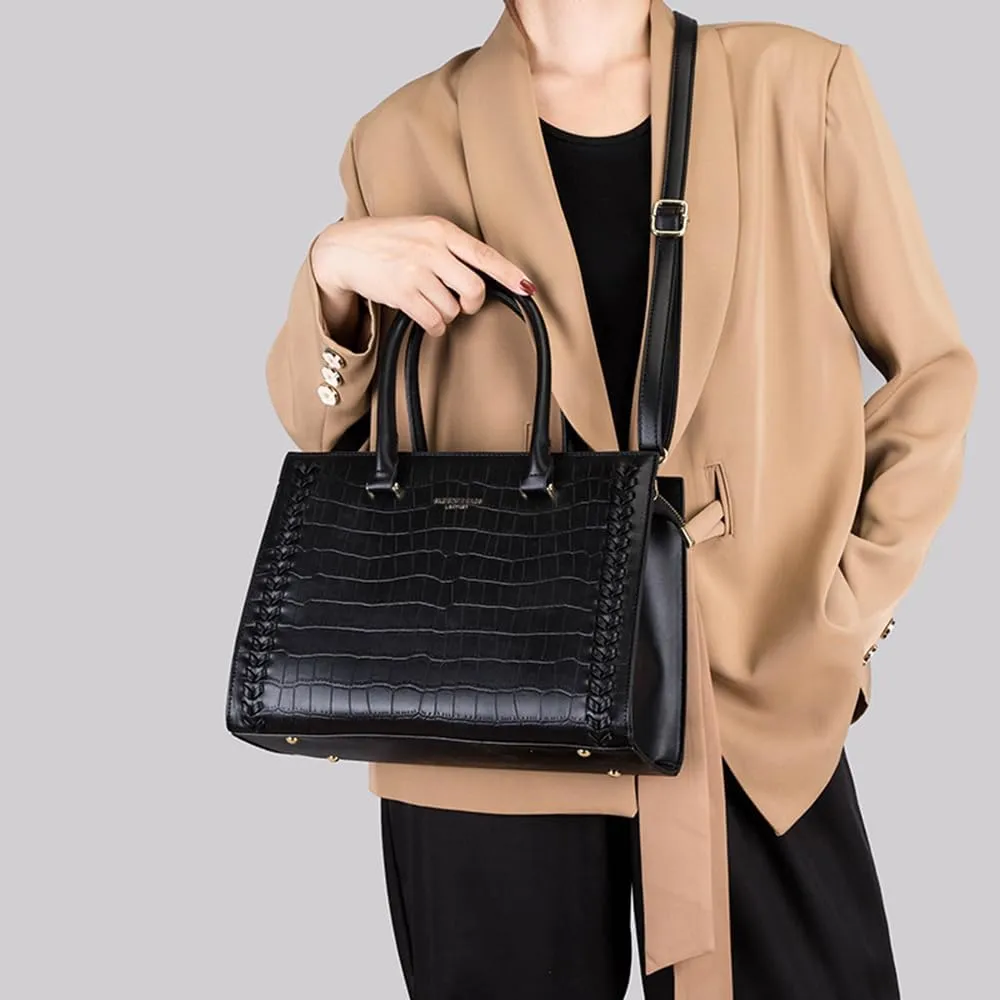 Women Leather Satchel Handbag 3PCS Set Crocodile Pattern Top Handle Purse Ladies Leather Tote Crossbody Bag (Black)