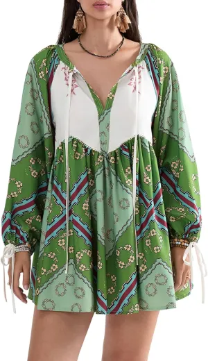 Women Y2K Boho Floral Mini Dress Puff Sleeve V Neck Short Dress Babydoll Flowy Dress Summer Vacation Outfits