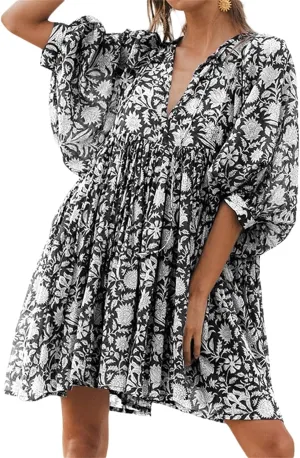 Women Y2K Boho Floral Mini Dress Puff Sleeve V Neck Short Dress Babydoll Flowy Dress Summer Vacation Outfits