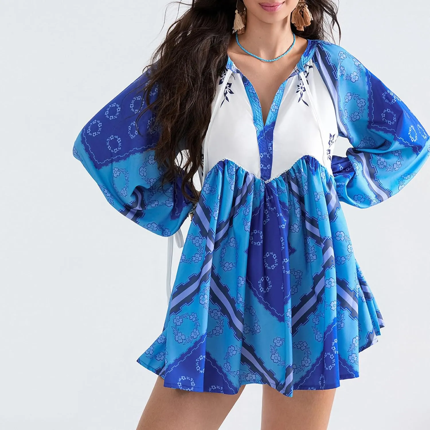 Women Y2K Boho Floral Mini Dress Puff Sleeve V Neck Short Dress Babydoll Flowy Dress Summer Vacation Outfits