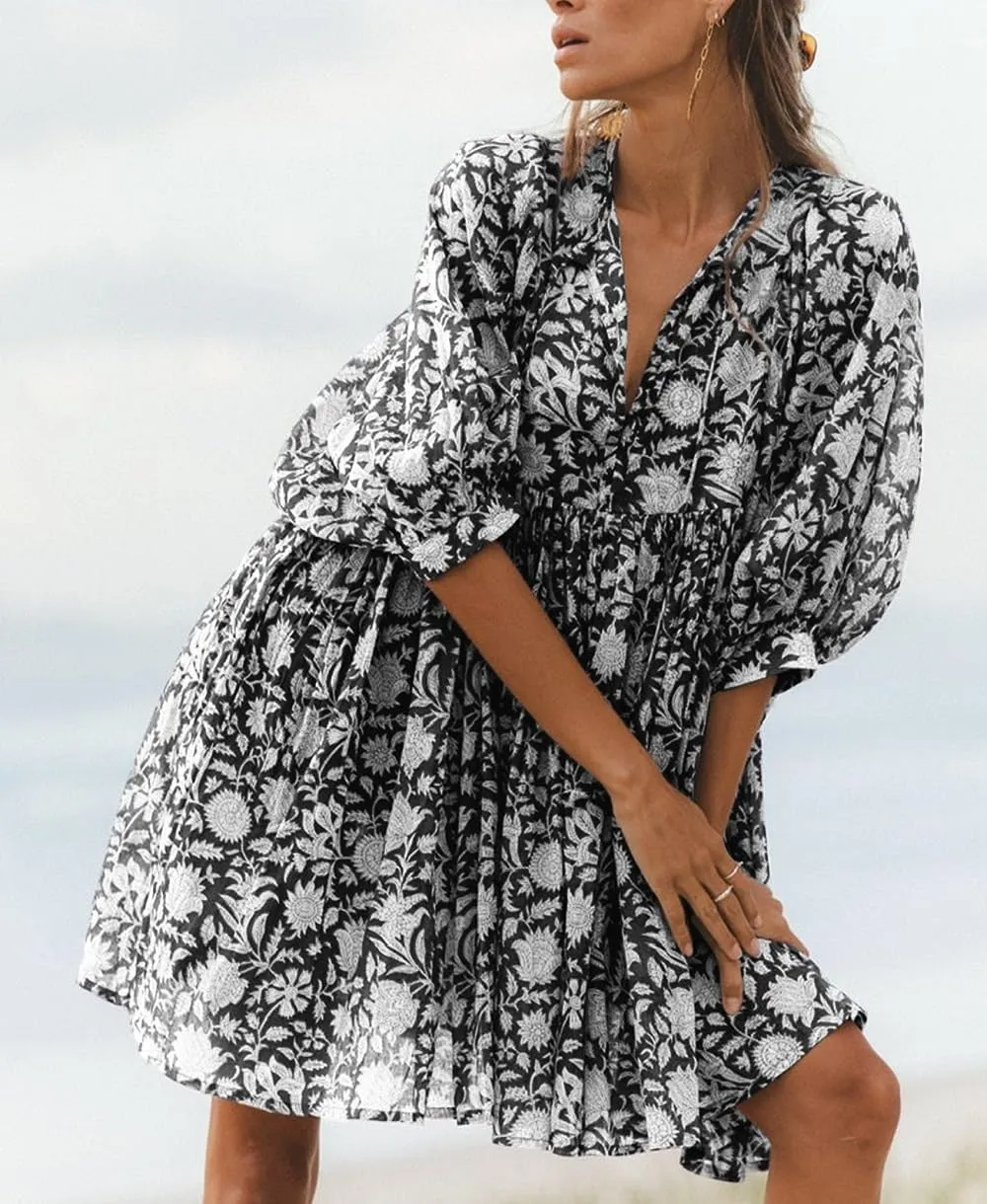 Women Y2K Boho Floral Mini Dress Puff Sleeve V Neck Short Dress Babydoll Flowy Dress Summer Vacation Outfits