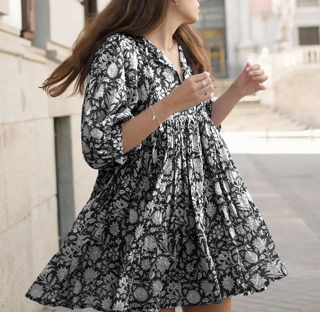Women Y2K Boho Floral Mini Dress Puff Sleeve V Neck Short Dress Babydoll Flowy Dress Summer Vacation Outfits
