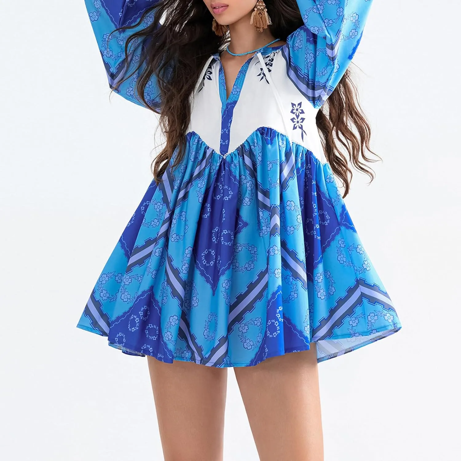 Women Y2K Boho Floral Mini Dress Puff Sleeve V Neck Short Dress Babydoll Flowy Dress Summer Vacation Outfits
