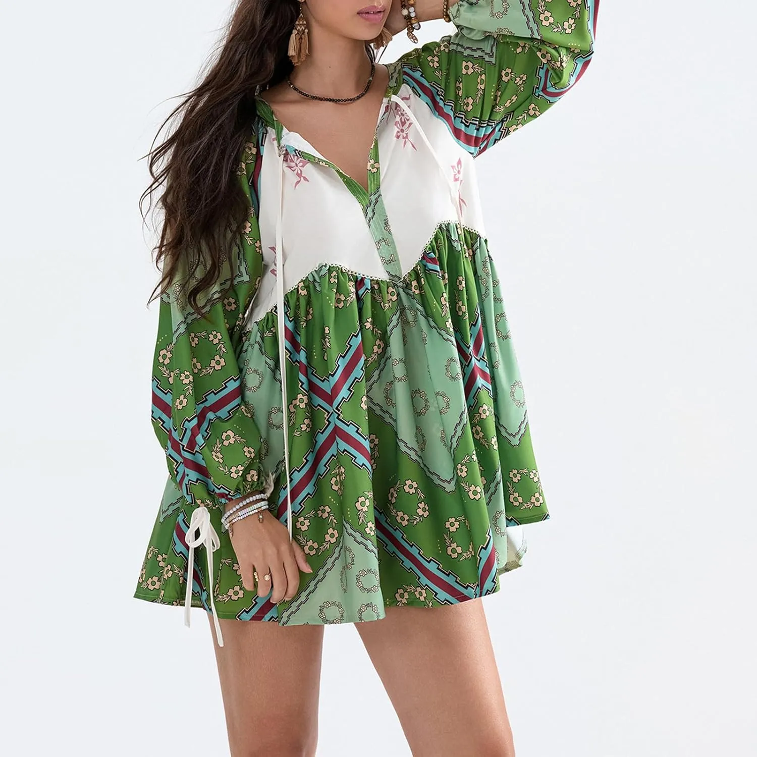 Women Y2K Boho Floral Mini Dress Puff Sleeve V Neck Short Dress Babydoll Flowy Dress Summer Vacation Outfits