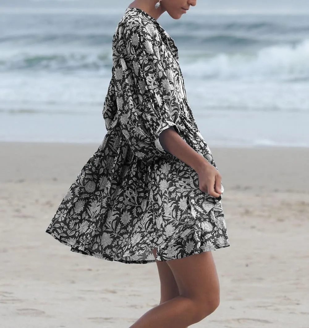 Women Y2K Boho Floral Mini Dress Puff Sleeve V Neck Short Dress Babydoll Flowy Dress Summer Vacation Outfits