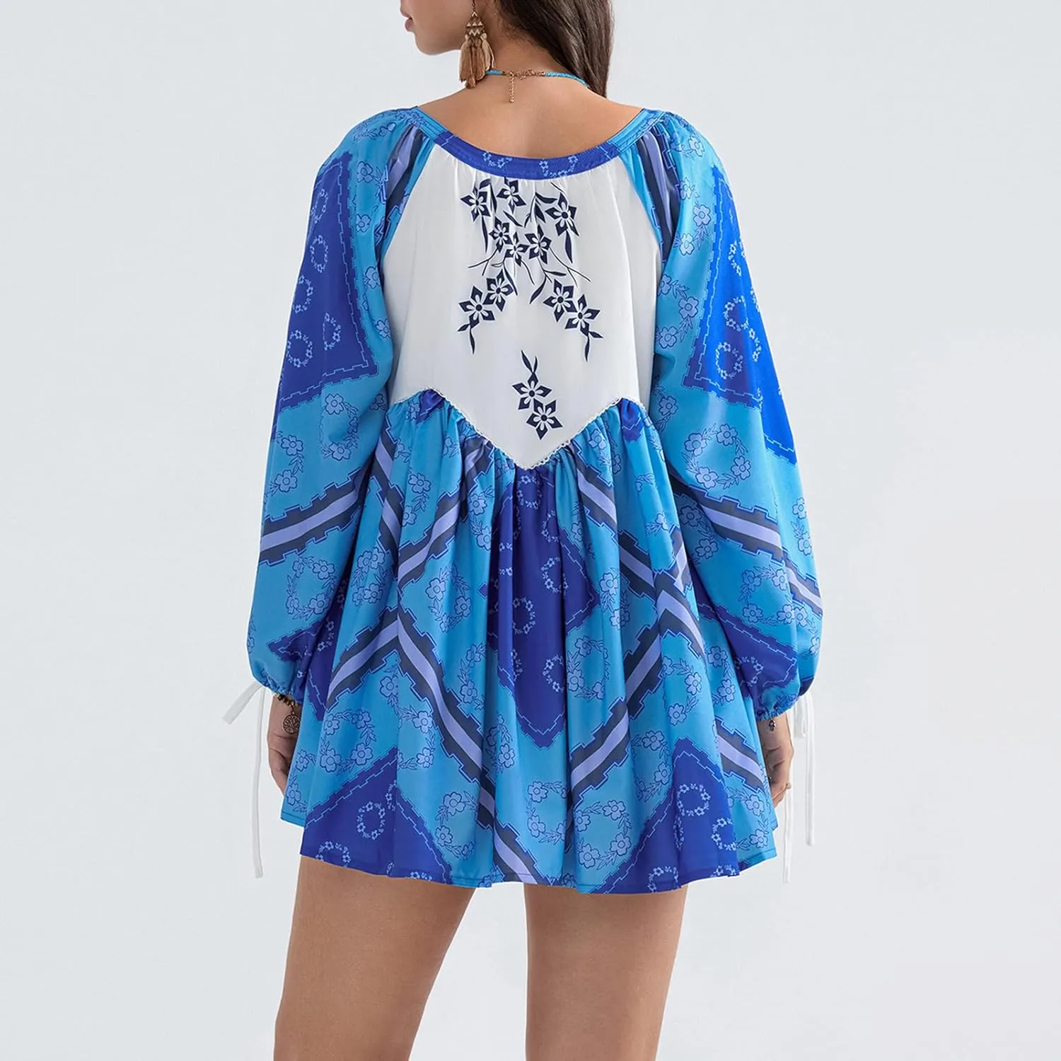 Women Y2K Boho Floral Mini Dress Puff Sleeve V Neck Short Dress Babydoll Flowy Dress Summer Vacation Outfits