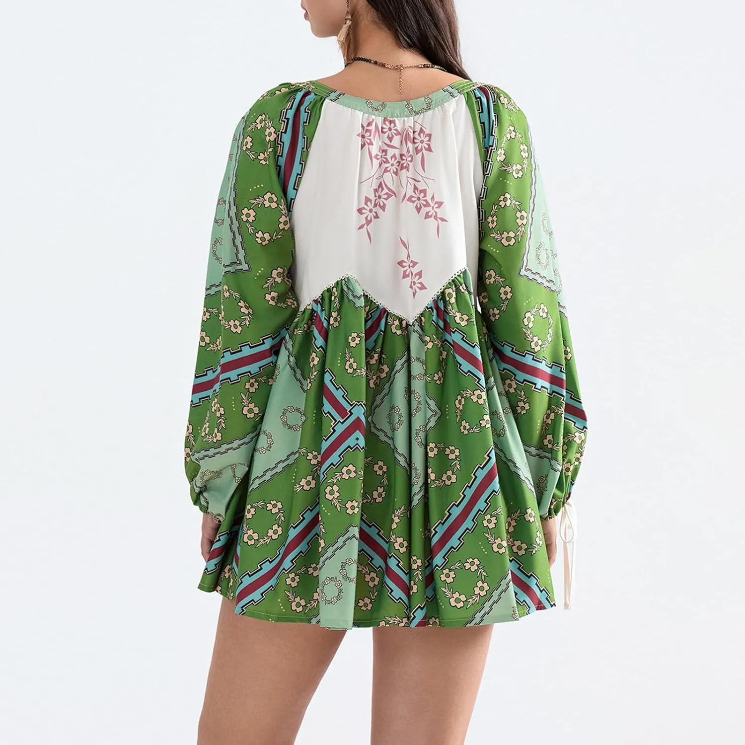 Women Y2K Boho Floral Mini Dress Puff Sleeve V Neck Short Dress Babydoll Flowy Dress Summer Vacation Outfits