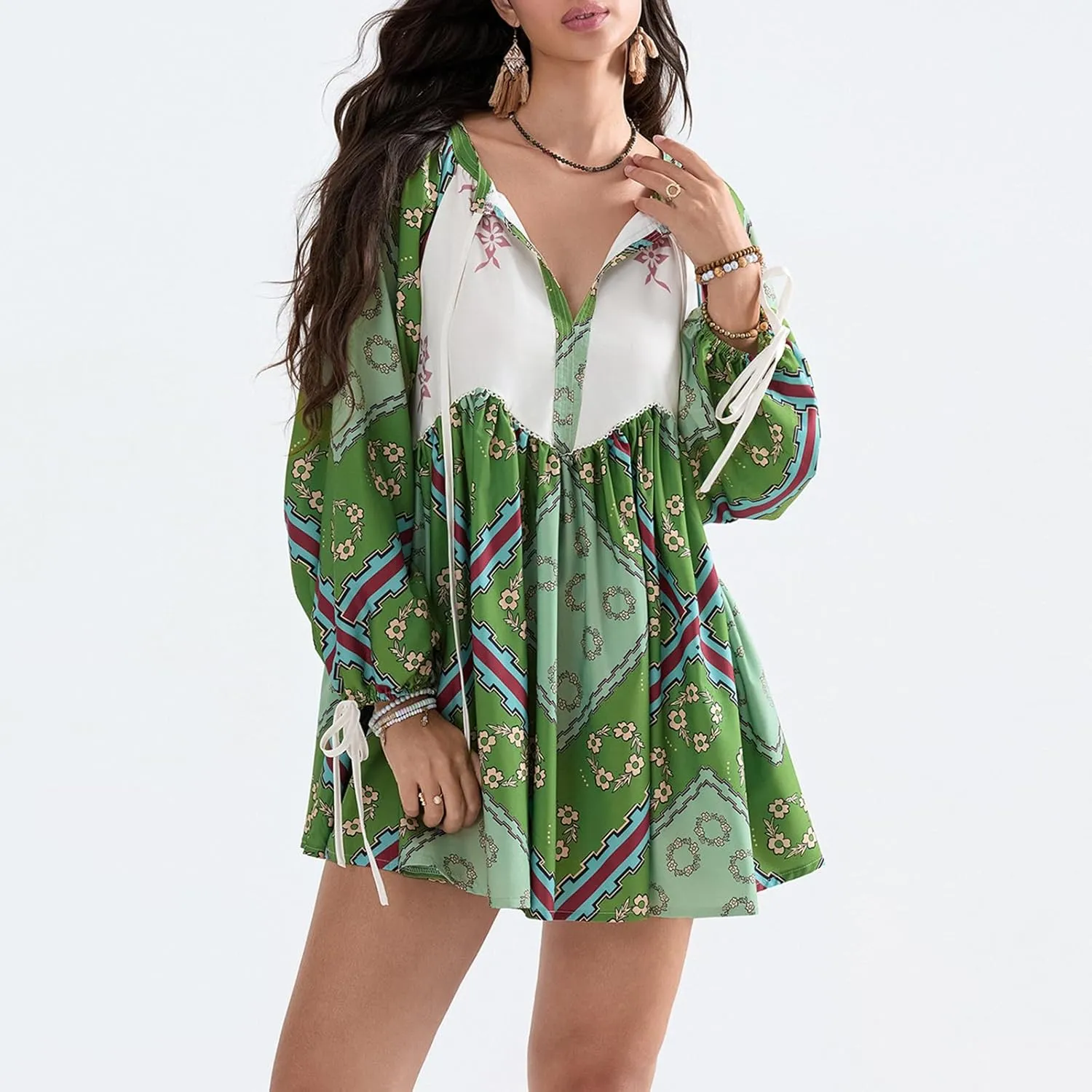 Women Y2K Boho Floral Mini Dress Puff Sleeve V Neck Short Dress Babydoll Flowy Dress Summer Vacation Outfits