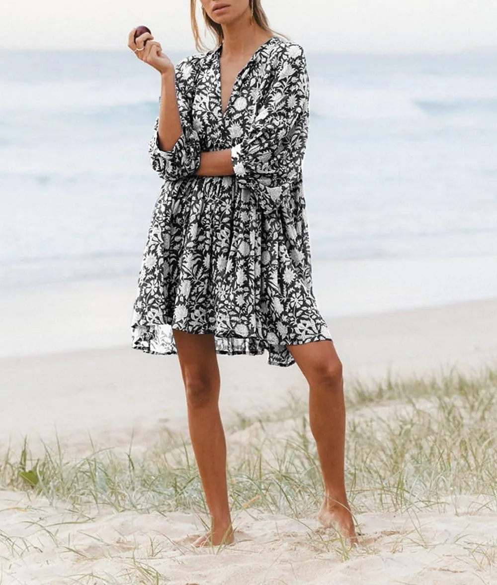 Women Y2K Boho Floral Mini Dress Puff Sleeve V Neck Short Dress Babydoll Flowy Dress Summer Vacation Outfits